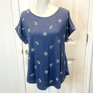 Amana Petite Women's Nautical Shirt Blue Anchors Size Large Short Sleeves